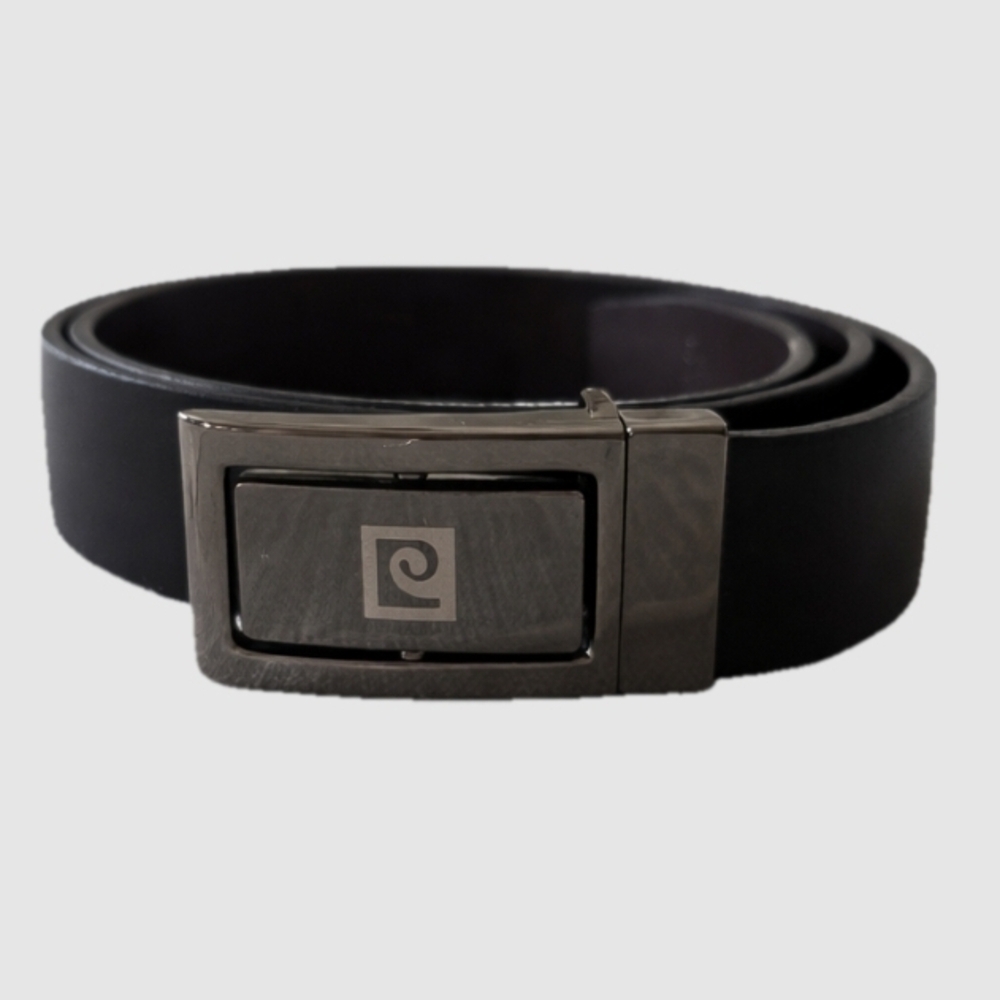 Pierre Cardin Reversible Belt Black Leather Flip Buckle Silver Gunmetal Size 38